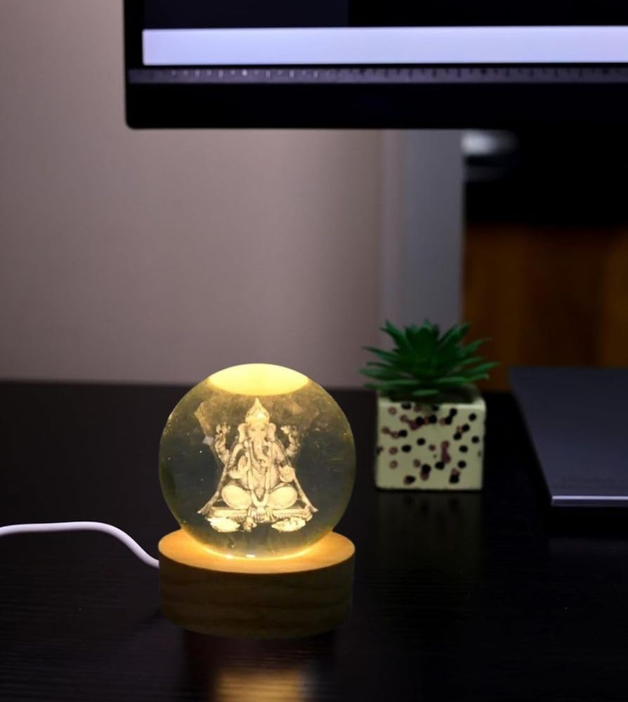 Lord Ganesh Ji Crystal Ball Lamp with Wooden Base