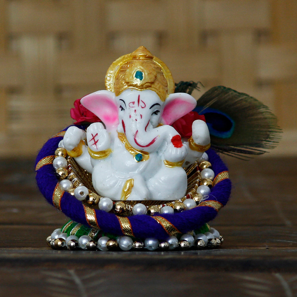 eCraftIndia Lord Ganesha Idol on Decorative Handcrafted Floral Plate for Home and Car