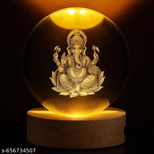 Lord Ganesh Ji Crystal Ball Lamp with Wooden Base
