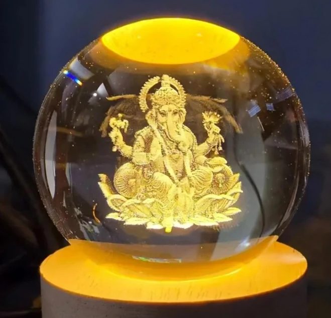 Lord Ganesh Ji Crystal Ball Lamp with Wooden Base