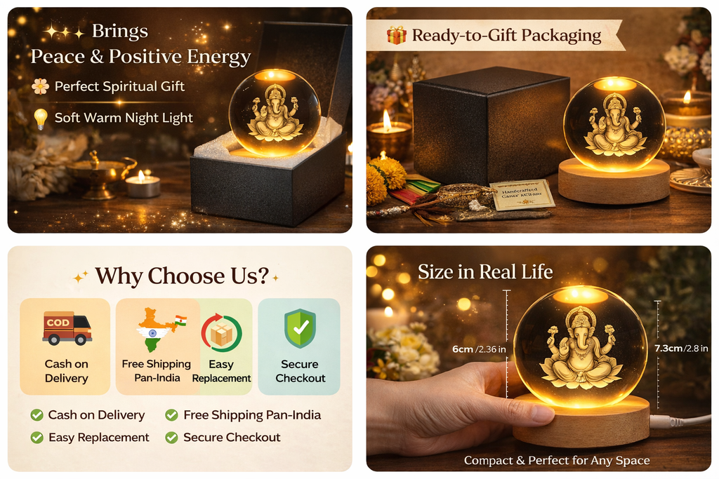 Lord Ganesh Ji Crystal Ball Lamp with Wooden Base